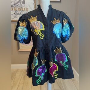 New!QUEEN OF SPARKLES Black Metallic & Sequin Football Helmet Poof Sleeve Romper